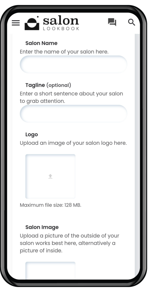 A screen shot of the salon page on a mobile phone.