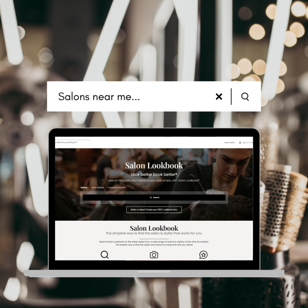 A laptop showcasing a hair salon website connected to salon directories.